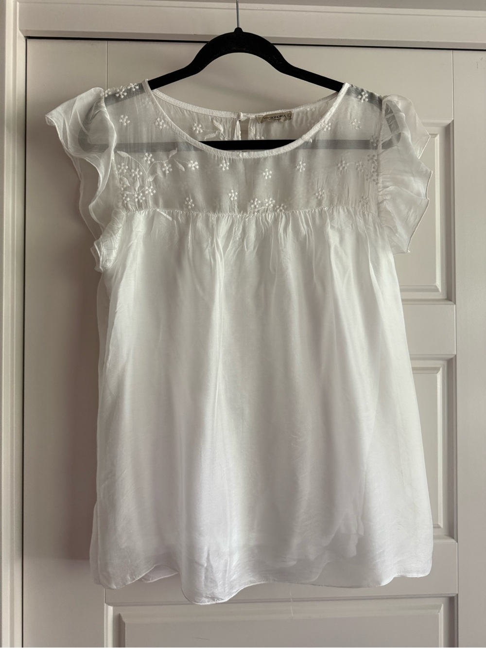 White Embroidered Ruffle Sleeve Women's Top